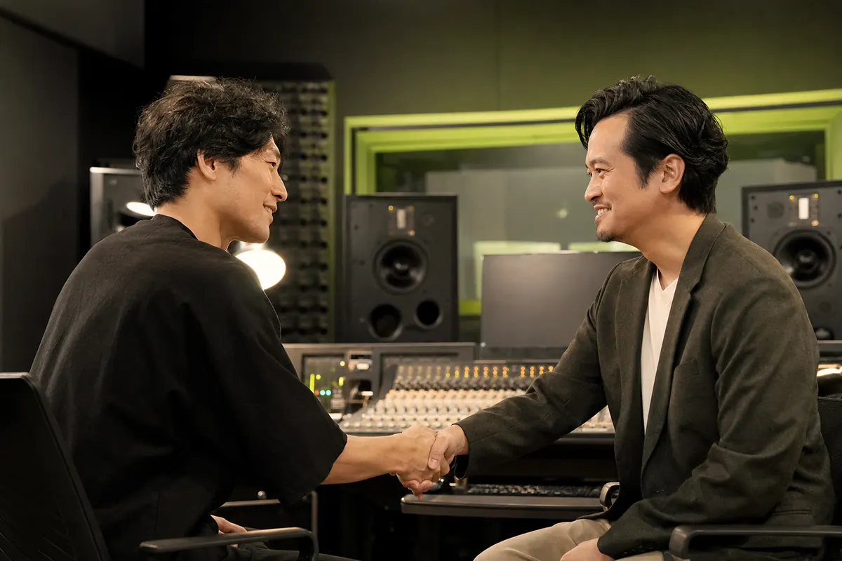 スタジオで信頼関係を築く作曲家と音楽プロデューサー